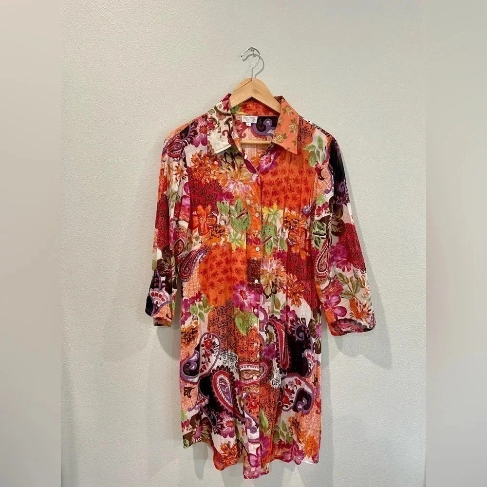 Funky People 100% cotton sheer button down dress size L colorful floral